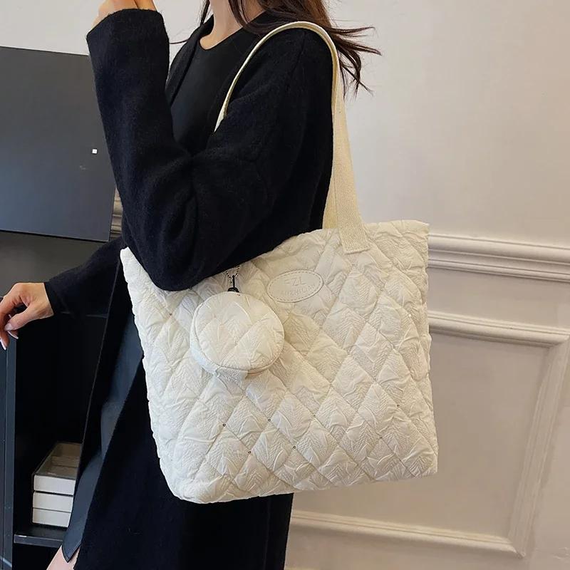 Robuste Baumwoll-Reißverschluss-Tragetasche Vielseitige Pendler-Schultertasche Diamant-Gitter Handheld-Einkaufstasche