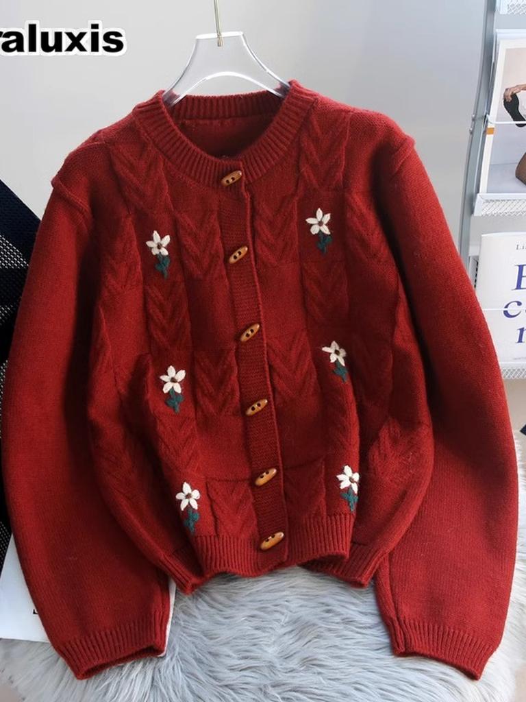 Vintage Handcrafted Embroidery Macrame Knit Sweater Coat Women Autumn New Style Loose Thick Lazy Style