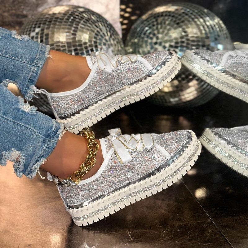Spring and Summer Hand-sewn Casual Board Shoes Women's New Diamond-encrusted Single Shoes Platform Sequined Muffin Lace-up Women's Shoes