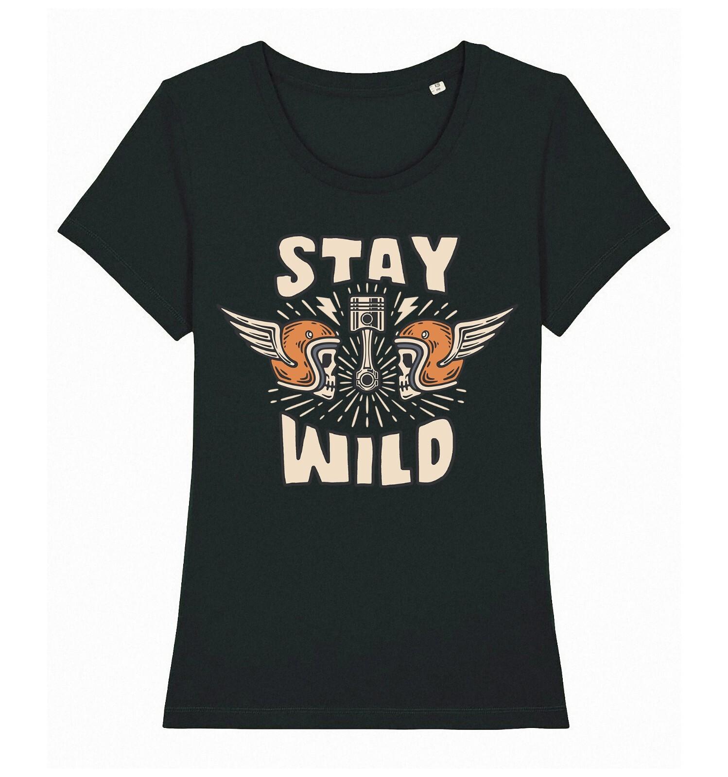 Womens BIKER T-Shirt Mens Womens Tees Top STAY WILD Skulls Motorcycle Bike Motorbike Chopper Ladies L