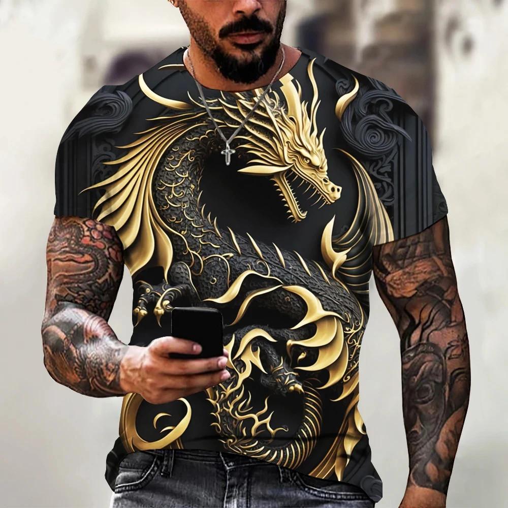 Summer casual dragon T-shirt men's fashionable 3D animal print, plus size short sleeved street T-shirt