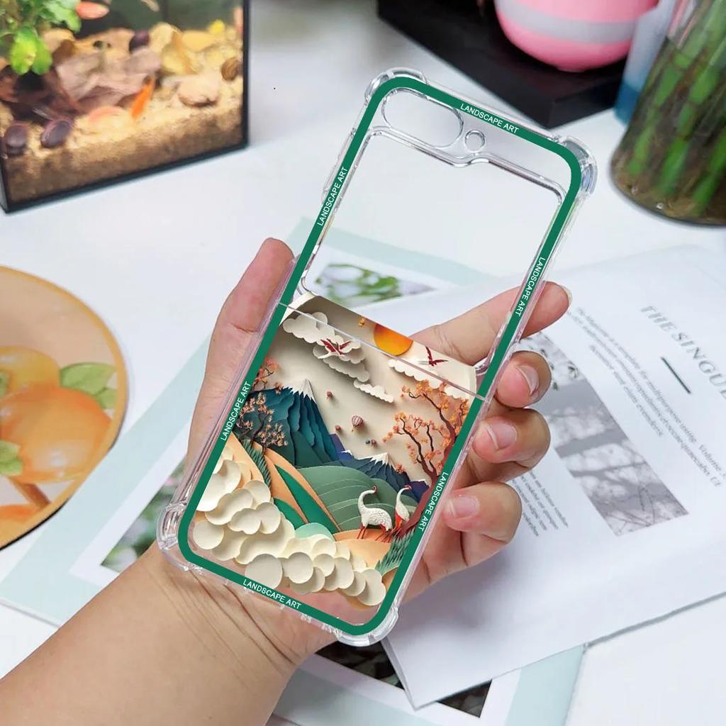 Capa Artística de Paisagem com Padrão 3D de Luxo para Samsung Galaxy Z Flip 6 5 Capa Cover para Samsung ZFlip4 Z Flip 3 Bolsa de Cobertura à Prova de Choque