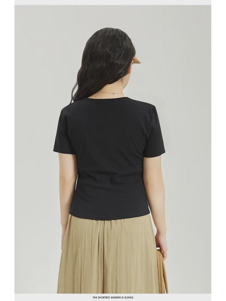 Chic V-Neck Slim Fit Short-Sleeve T-Shirt: Trendy Hot Girl Style