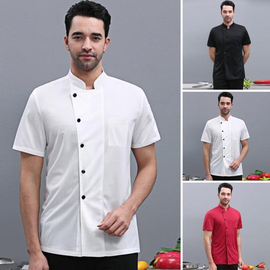 Hotel Chef Clothes Stand Collar Single Breasted Short Sleeve Breathable Overalls Stain Proof Cotton Blend Summer Chef Shirt Restaurant Kitchen
