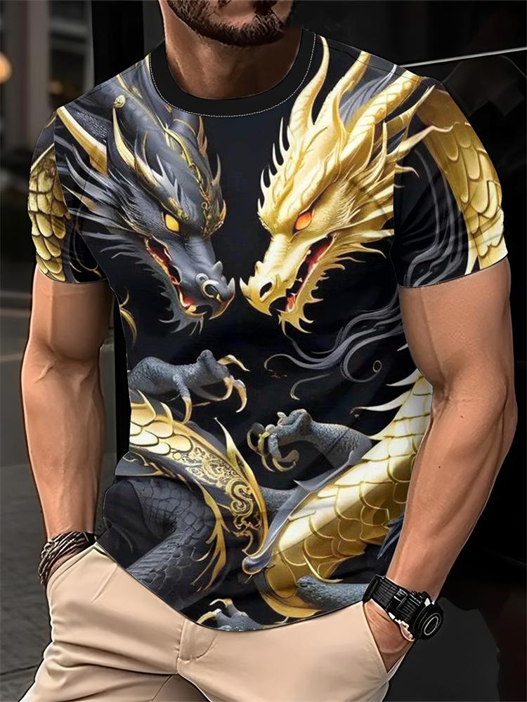 2026 New Men's 3D Dragon Print T-shirt Casual Short-sleeved Pullover Polyester Round-neck Summer Outdoor Clothing Adult Size