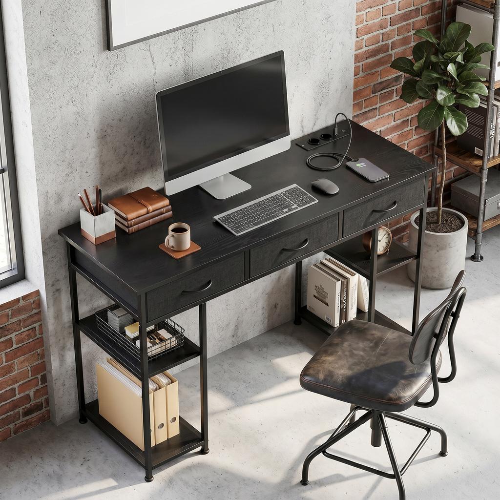Desk with Storage and Power Outlets, 3 Fabric Drawers, 4 Shelves, 120 x 40 x 76 cm, Black