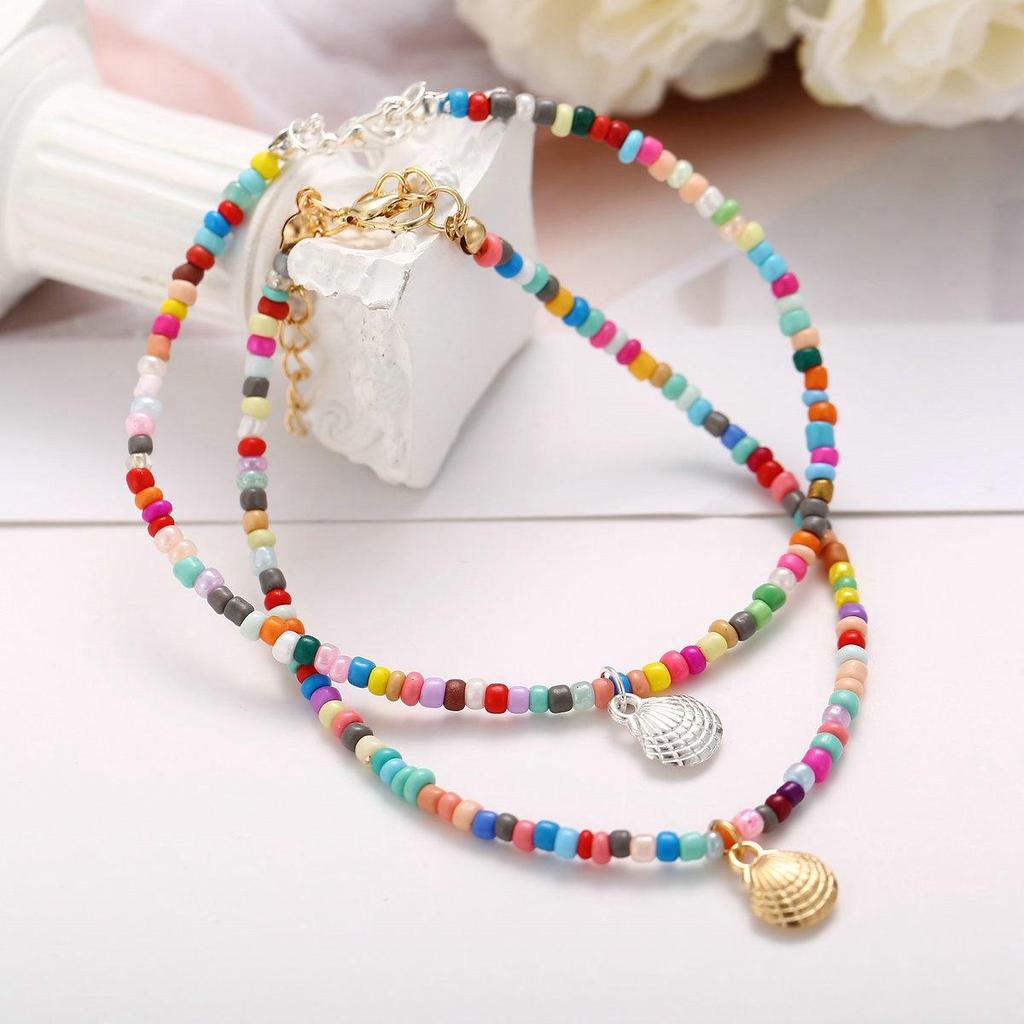 Bohemian Colorful Beaded Anklet with Retro Alloy Scallop Pendant