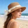 Beach Straw Hat Flat Top Wide Brim Sun Protection Hat with Tulle Bow Imitation Pearls Decor Hand-Woven Breathable Summer Hat
