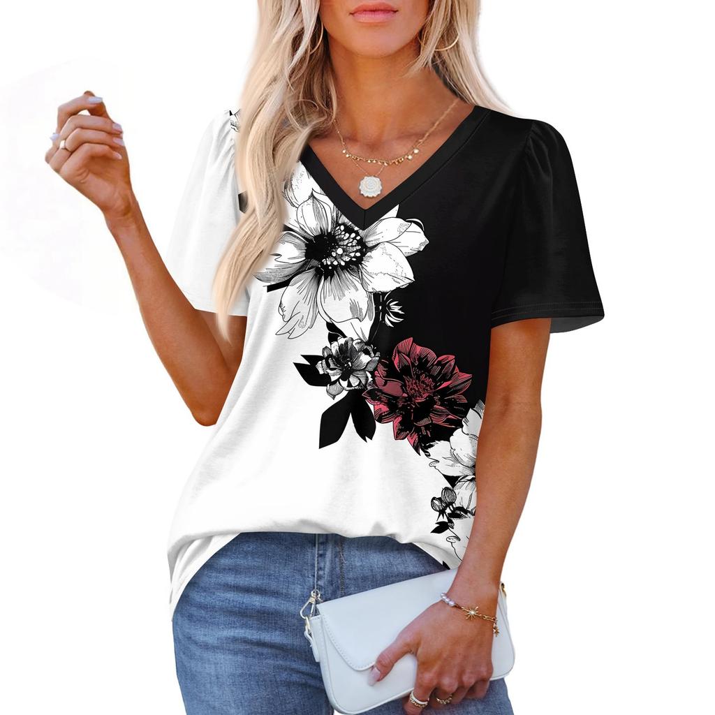 Women's Fashionable Casual Short Sleeve Print V-Neck Pullover Top
