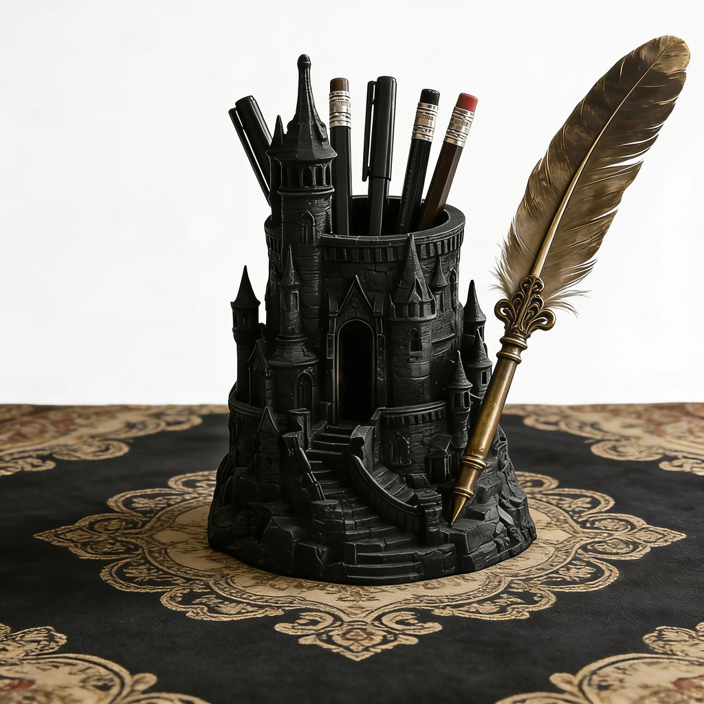 1-Piece Dark Castle-Shaped Pen Holder 3D Printed Vintage Architectural Pen Container Desk Organizer Decoration Student Designer Gift Ma