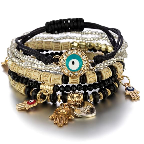 Braccialetti Multistrato Mano di Fatima Occhio Maligno Protezione Fortunata con Charms in Cristallo Colorato e Perline per Donne Ragazze