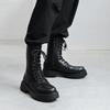 2025New Men's High-top Boots Punk Style Motorcycle Boots Classic Black Casual Leather Boot Lace Up Mid-Calf Platform Boots Botas