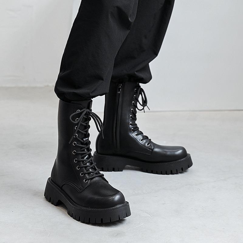 2025New Men's High-top Boots Punk Style Motorcycle Boots Classic Black Casual Leather Boot Lace Up Mid-Calf Platform Boots Botas