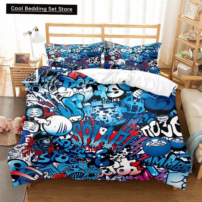 Hippie Graffiti Duvet Cover Set King Queen Size for Kids Boys Youth Polyester Comforter Cover Modern Street Art Bedspread Cover
