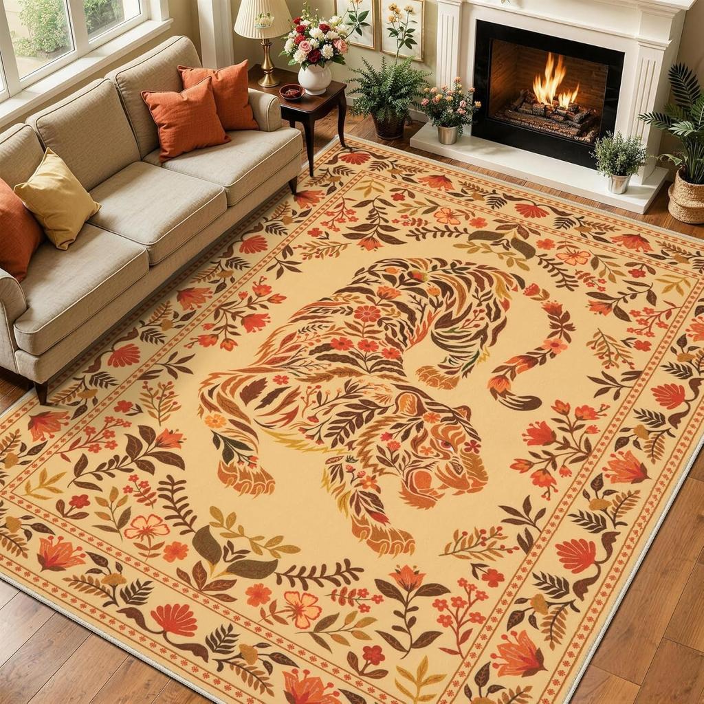 Green Botanical Tiger Floral Area Rug Boho Jungle Animal Print Non-Slip Soft Indoor Carpet Living Room Bedroom Home Decor Mat