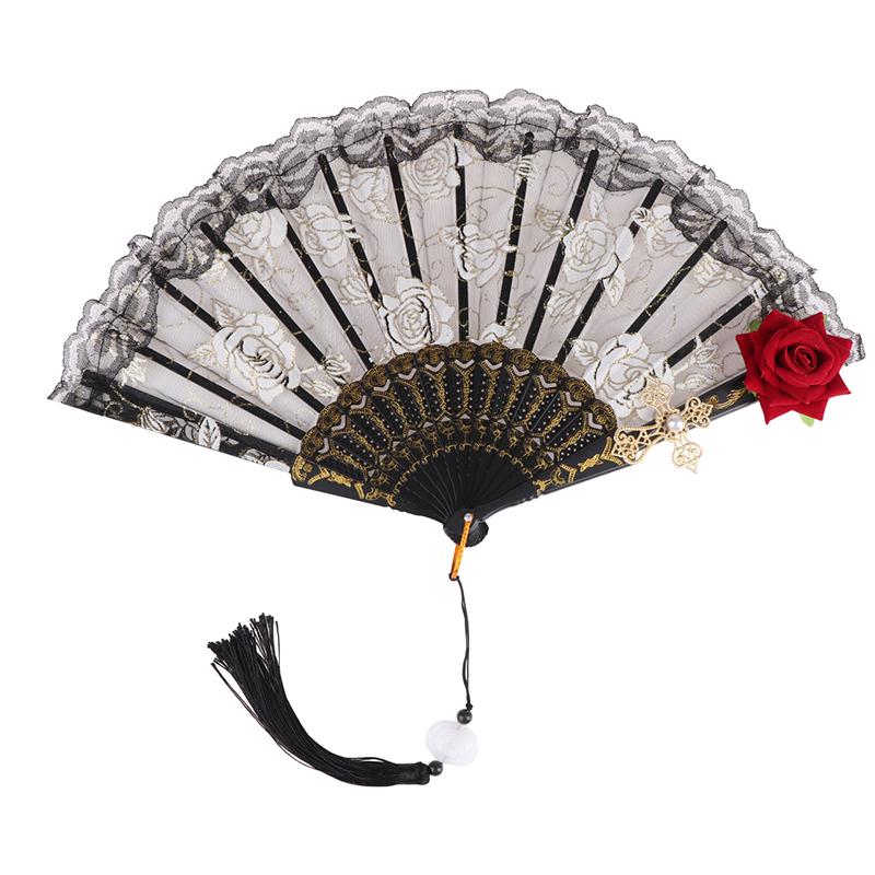 Ladies Lace Hand Fan Black White Cloth Folding Fans With Tassels Ancient-Style Dance Folding Hand Fan For Wedding Party Favor