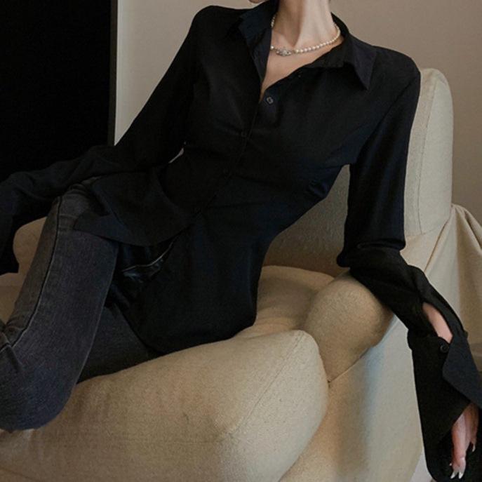 Damska bluzka z francuskimi dzwonkowymi rękawami i wiązaniem - Wyszczuplająca talię, cienki krój, idealna na wiosnę i jesień.