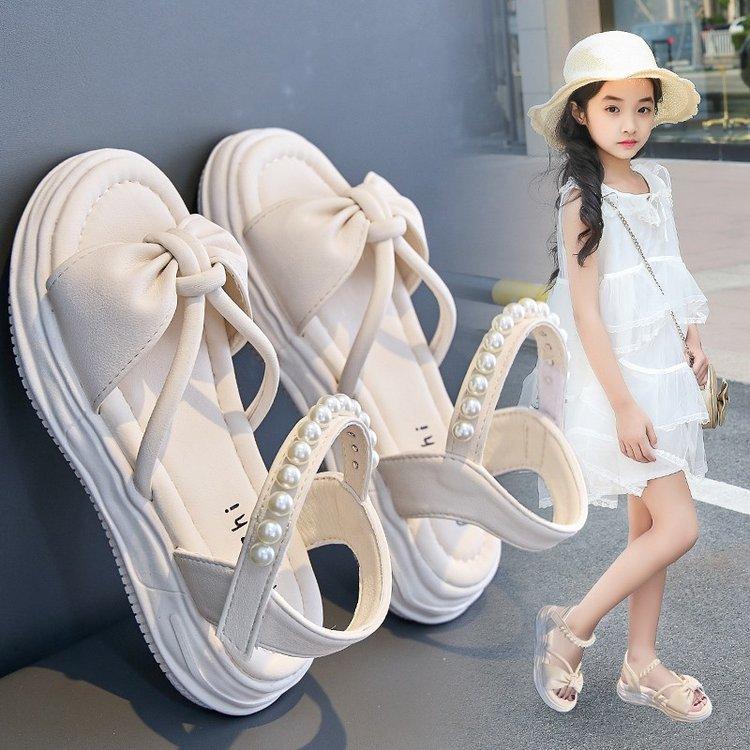 Sandals Girls 2025 New Summer Children's Fashion Pearl Princess Shoes Girls Bow Korean Roman Sandals