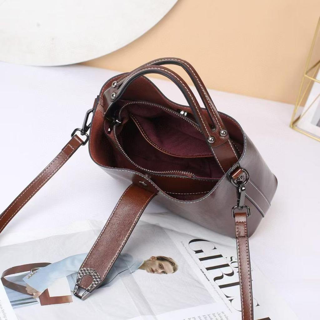 Korean Style Genuine Leather Double Strap Crossbody Bucket Bag