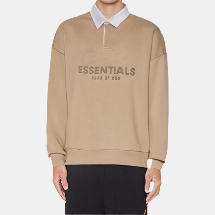 Fear of God Essentials SS23 Polo Rugby Henley Gaufre Avec Impression Logo Manches Longues Homme Hauts Sable Blanc FOG-SS23-055