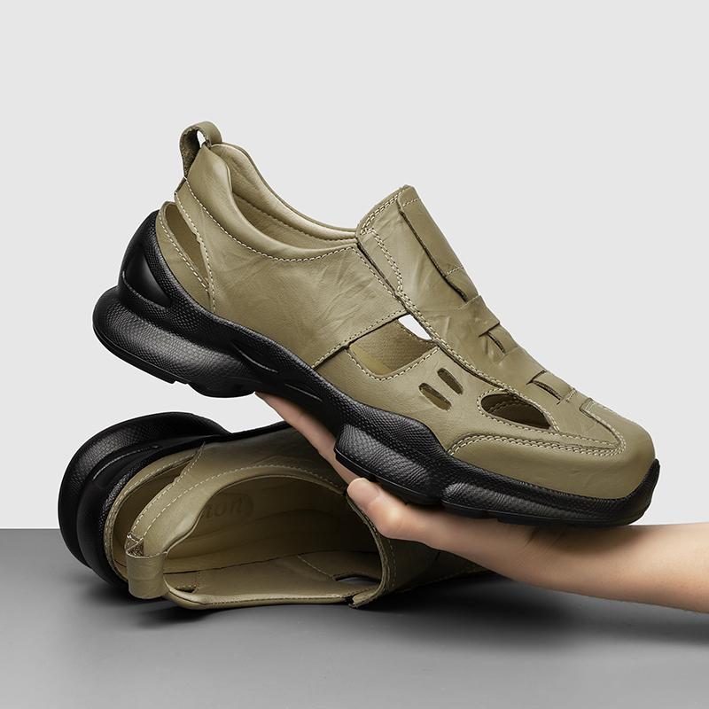 Summer Mens Genuine Leather Slip-On Sandals Breathable Outdoor Casual Shoes Non-Slip Lightweight Walking Loafer Driving Moccasin