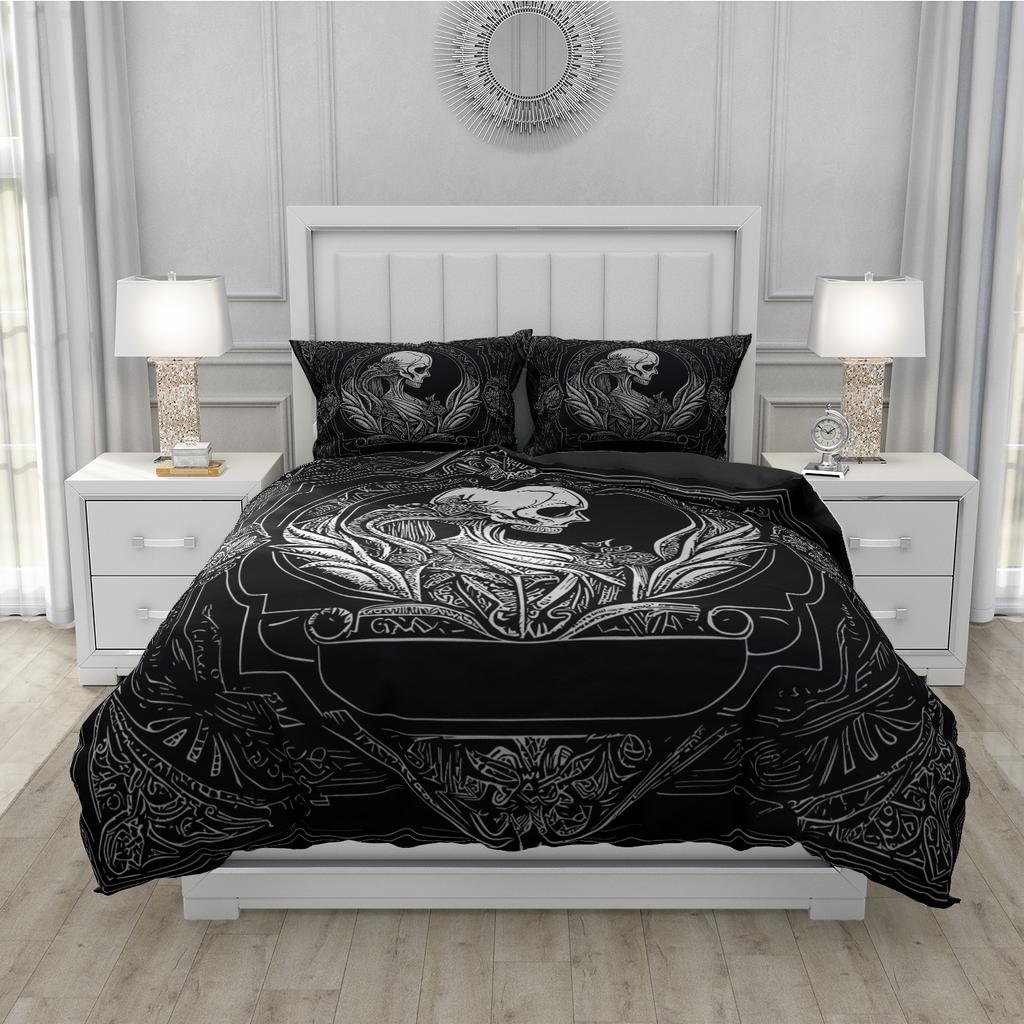 Skull & Skeleton Gothic Vintage Duvet Cover Set 200x200cm King Size Bedding Set Halloween Home Decor Boho Dark Fantasy Bed Set