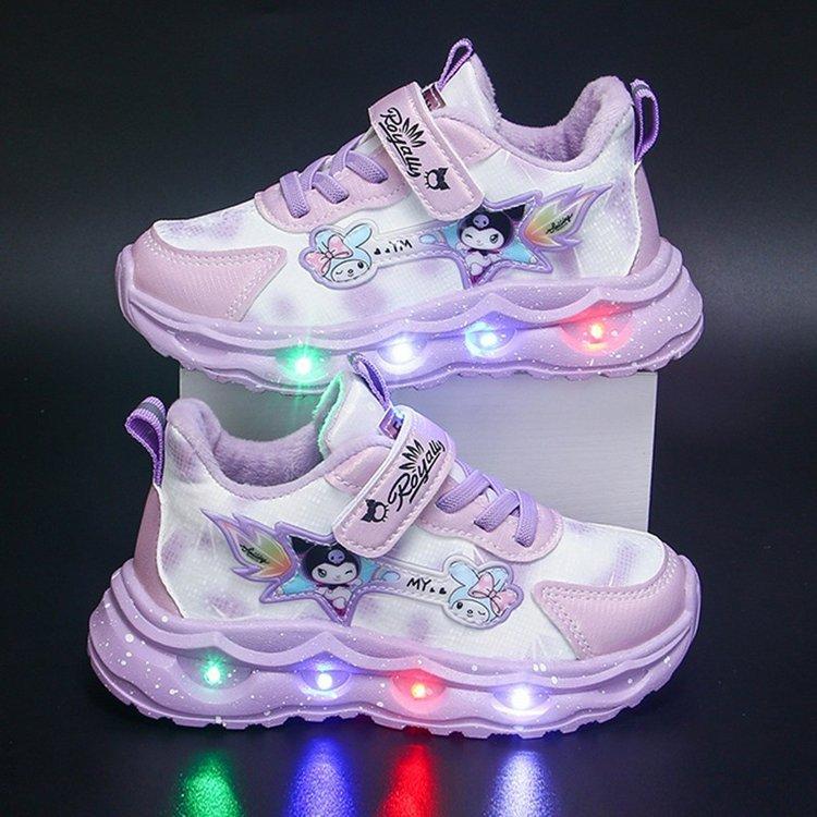 Kuromi Girls' Sneakers with Lights, New Autumn and Winter Children's Leather Shoes, Warm and Plush Running Shoes for Toddlers and Young Children
