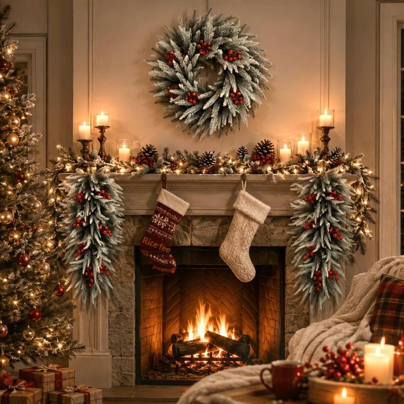 Christmas Teardrop Swag Artificial Flocked Pine Hanging Garland With Red Berries For Xmas Front Door Wall Holiday Decor