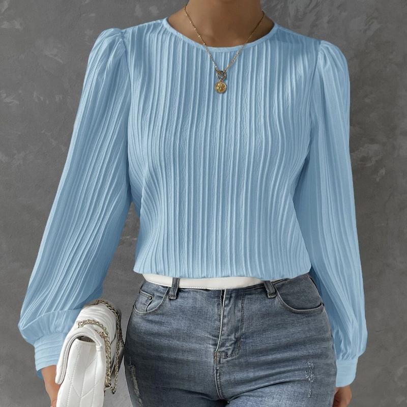 

YYFS женские модные повседневные весенне-осенние однотонные блузки и рубашки с круглым вырезом и длинными рукавами с принтом XXL небесно-голубой