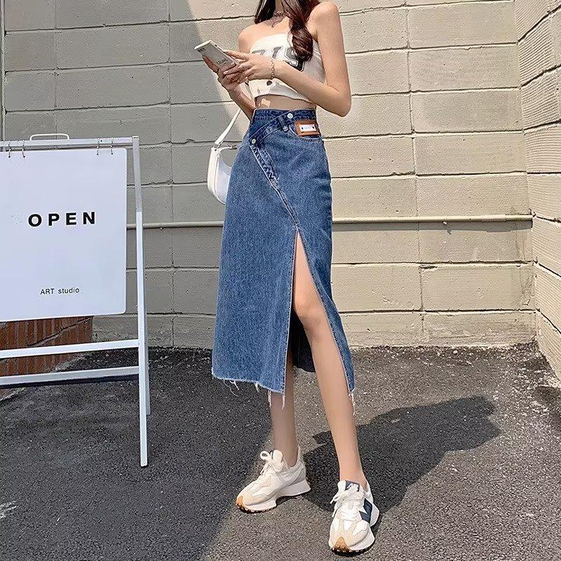 Summer 2023 Women's High Waist Side Slit Denim A-Line Skirt
