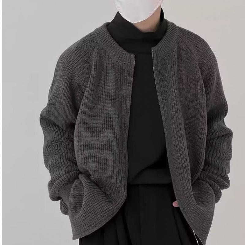 Unisex Navy Blue Jacket-Style Knit Cardigan - Japanese Niche, Autumn/Winter, Loose Fit, Round Neck Sweater Coat
