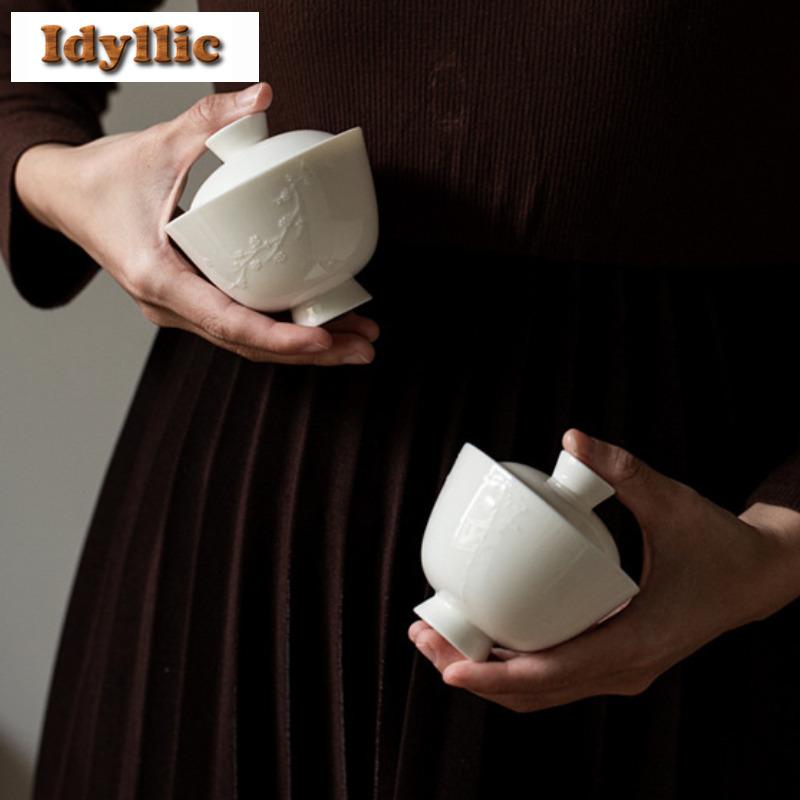 130ml Ivory White Pine Bamboo And Plum Gaiwan Aesthetic Tea Tureen Household Tea Bowl With Lid Kit Tea Maker Cover Bowl Teaware