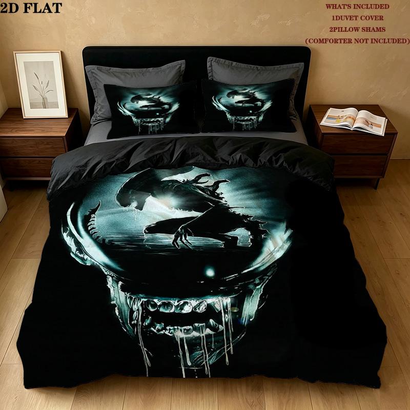Alien Pattern Bedding Quilt Set Quilt Cover Pillowcase Home Birthday Gift(1 * duvet cover + 2 * pillowcase, without core)