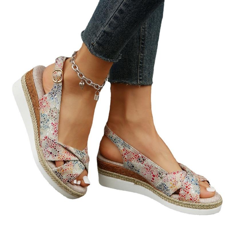 Summer new hemp rope wedge heel sandals women's buckle fish mouth color flat beach sandals women's nals