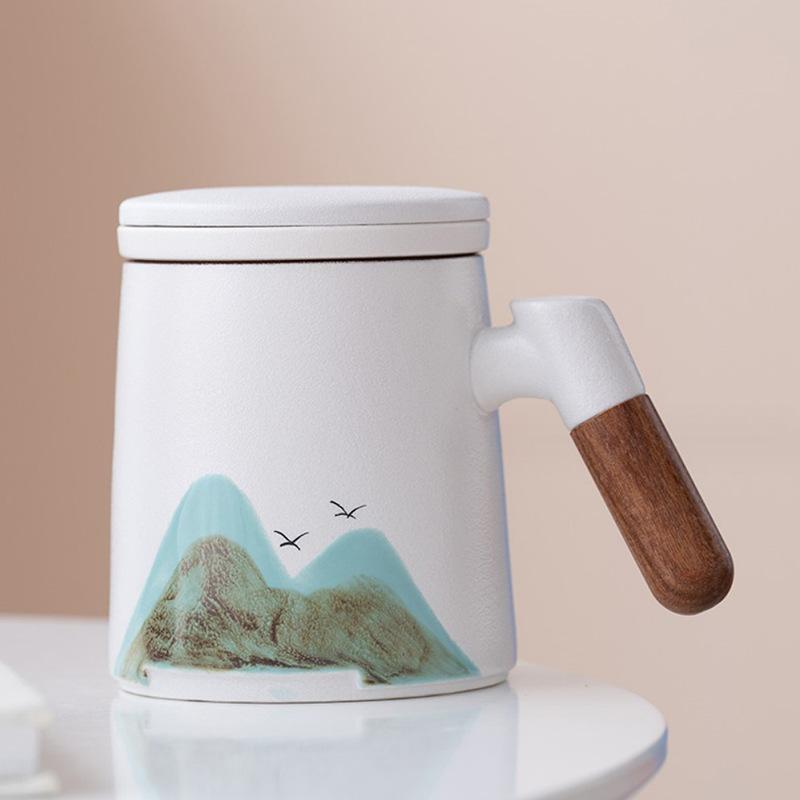 Guochao Holzgriff Yuanshan Keramiktasse mit Deckel Qianli Weißporzellan Jiangshan Büro Tee- und Wasserseparation Geschäftsgeschenk