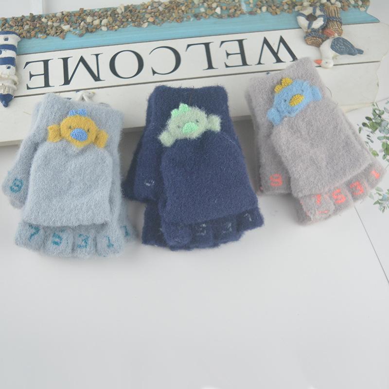 New Winter Children's Gloves Half-finger Flip Knitted Warm Woolen Cartoon Cute Wool Student Gloves