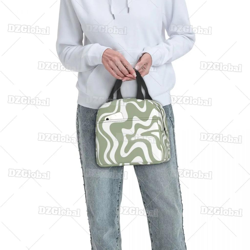 Liquid Swirl Abstract Pattern In Sage Green Insulated Lunch Bag Geometric Art Cooler Thermal Bento Box For Women Kids Food Bags