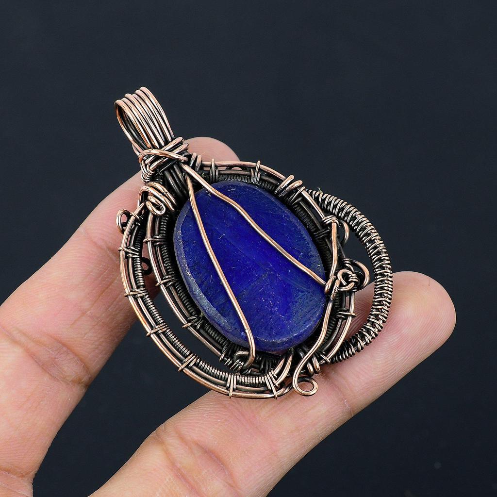 Blue Sapphire Pendant, Handmade Gemstone Pendant, 999 Copper Wire Wrapped Pendant Antique Jewelry, For Engagement Gift