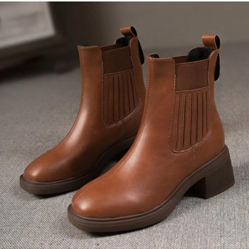 Fashion British Platform Pu Leather Ankle Boots for Women Spring Autumn Retro Soft-soled Casual Designer Women's Elastic Boots Shoes