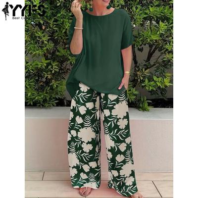 Women's Fashion Casual Summer Spring Flower Pattern Print Short Sleeve O-Neck Trousers Pants Suits