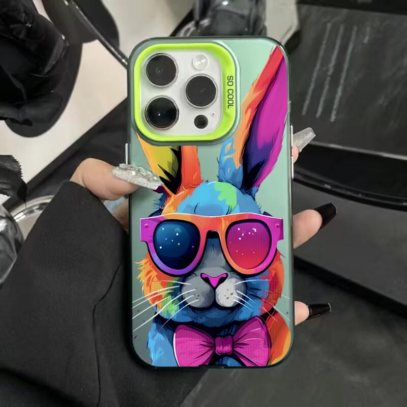 Cute Colorful Rabbit Electroplate Silver IMD Case For iPhone 15 14 16 Pro Max 11 12 13 Pro 7 8 Plus 16E X Shockproof Back Cover