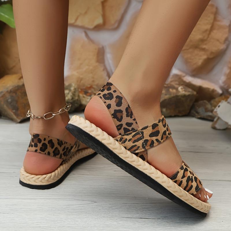 Trendy Leopard Print Women's Plus Size Sandals Summer Ankle Strap Slip-On Open-Toe Casual Shoes with EVA Sole for Beach,