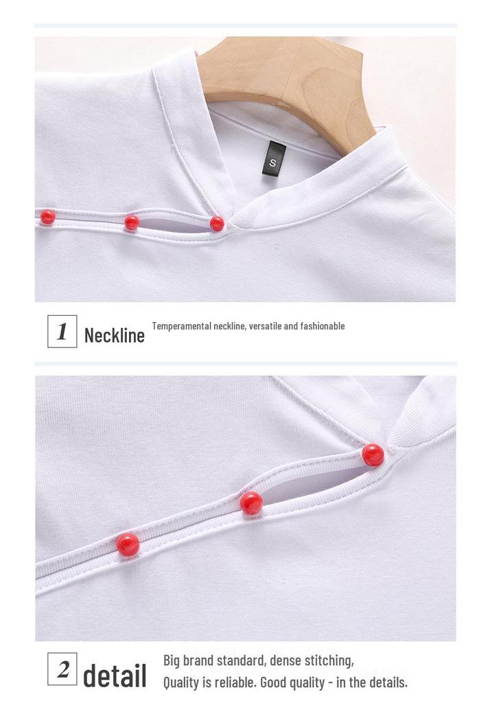 Women's Retro Korean Style Cotton Slim Fit Long Sleeve T-Shirt with Stand Collar and Diagonal Buttons