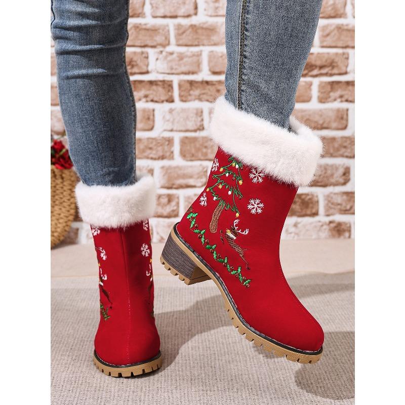 Women's Red Christmas Snow Boots Round Toe Chunky Heel Thick Sole High Heel Furry Lined Ankle Boots Warm Cotton Shoes