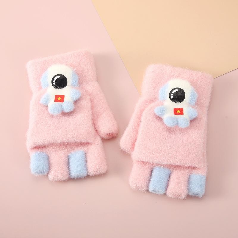 Children's Astronaut Half finger Gloves with Velvet Warm Flip Baby Writing Gloves Cold Proof and Thickened Primary School Students' Gloves