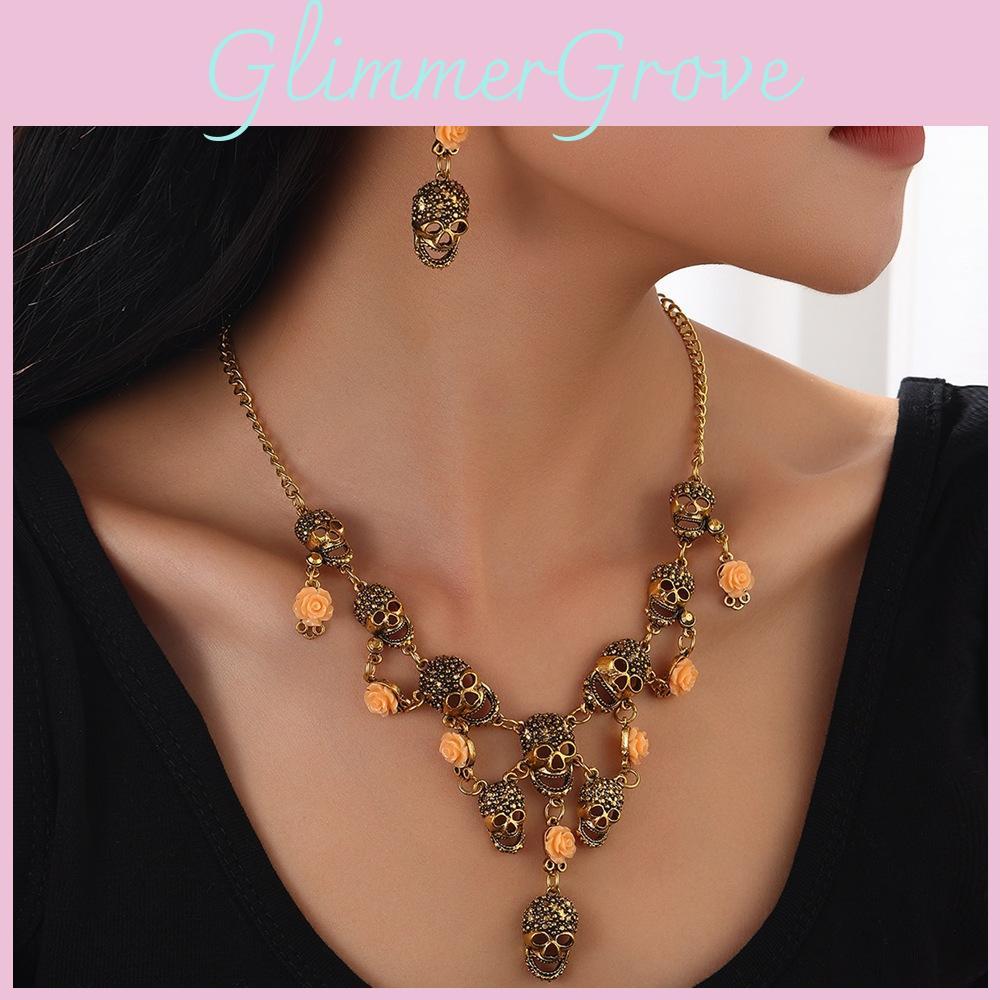 Summer Jewelry Skull Set Retro Flower Motif Metal Finish Teens Decoration Adults