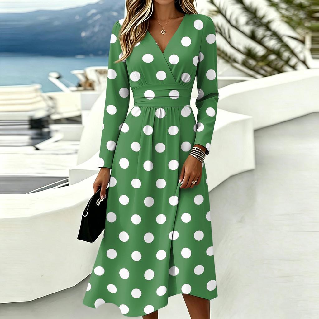 Women's Casual Polka Dot Printed Long Sleeve V-Neck Dress with Pockets