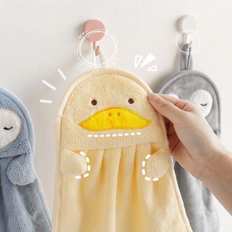 25x37cm Cartoon Penguin Hand Towel Hanging Yellow Duck Coral Fleece Handkerchief Thickened Absorbent Kitchen Bathroom Sink Towel for Adults Children