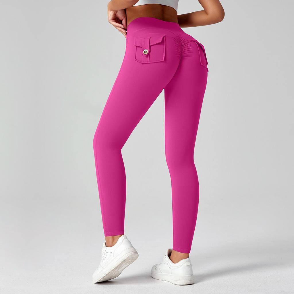 Fitness Leggings With Pocket Sports Yoga Pants Scrunch Buttons Peach Hips Workflow High Waist Running Gym Tights Women