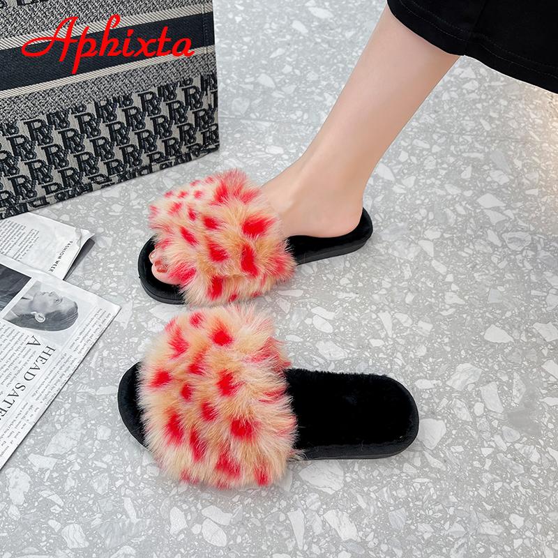 Aphixta 2025 Winter Home Cotton Shoes Women Faux Fur Soft Warm Indoor Colorful Slipper Flip Flops Mules Female Big Size 42 43